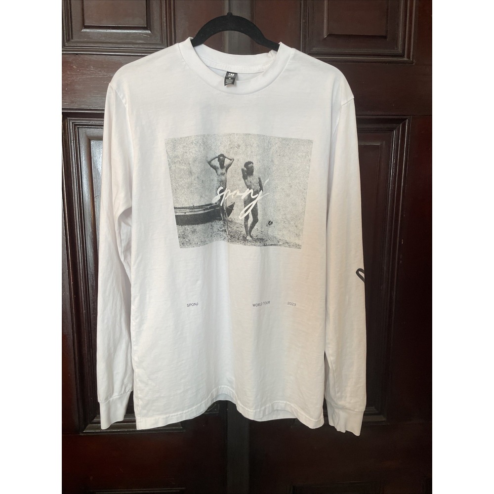 SPONJ White Cotton Graphic Print Long Sleeve Crew Neck T-Shirt Men's Size M